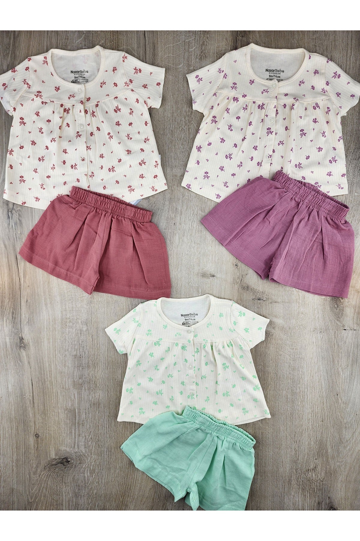 Nazar Bebe 26492 (9-24 Ay) Çiçek Desenli Şortlu Takım
