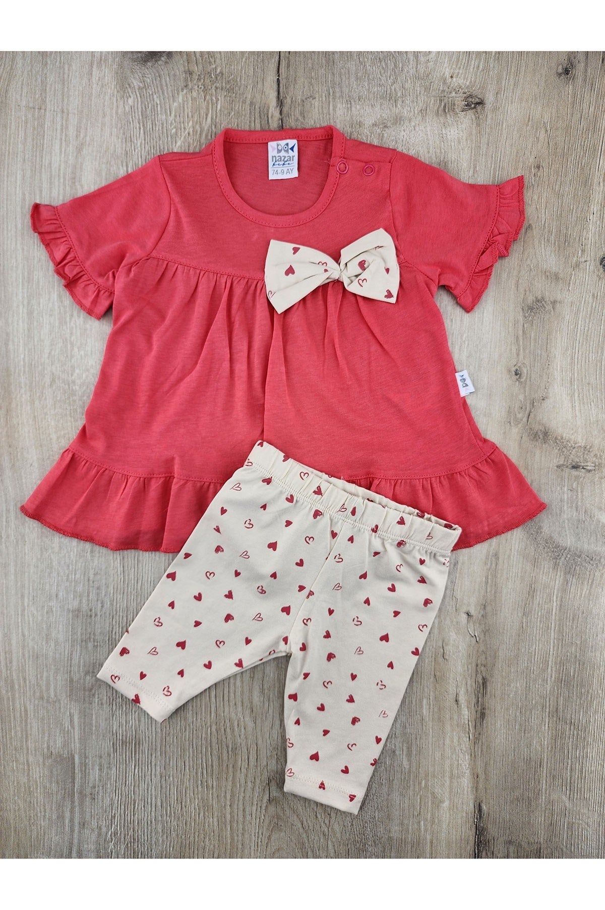 Nazar Bebe (9-24 Ay) 26524 Kalp Desenli Fiyonklu Taytlı Takım