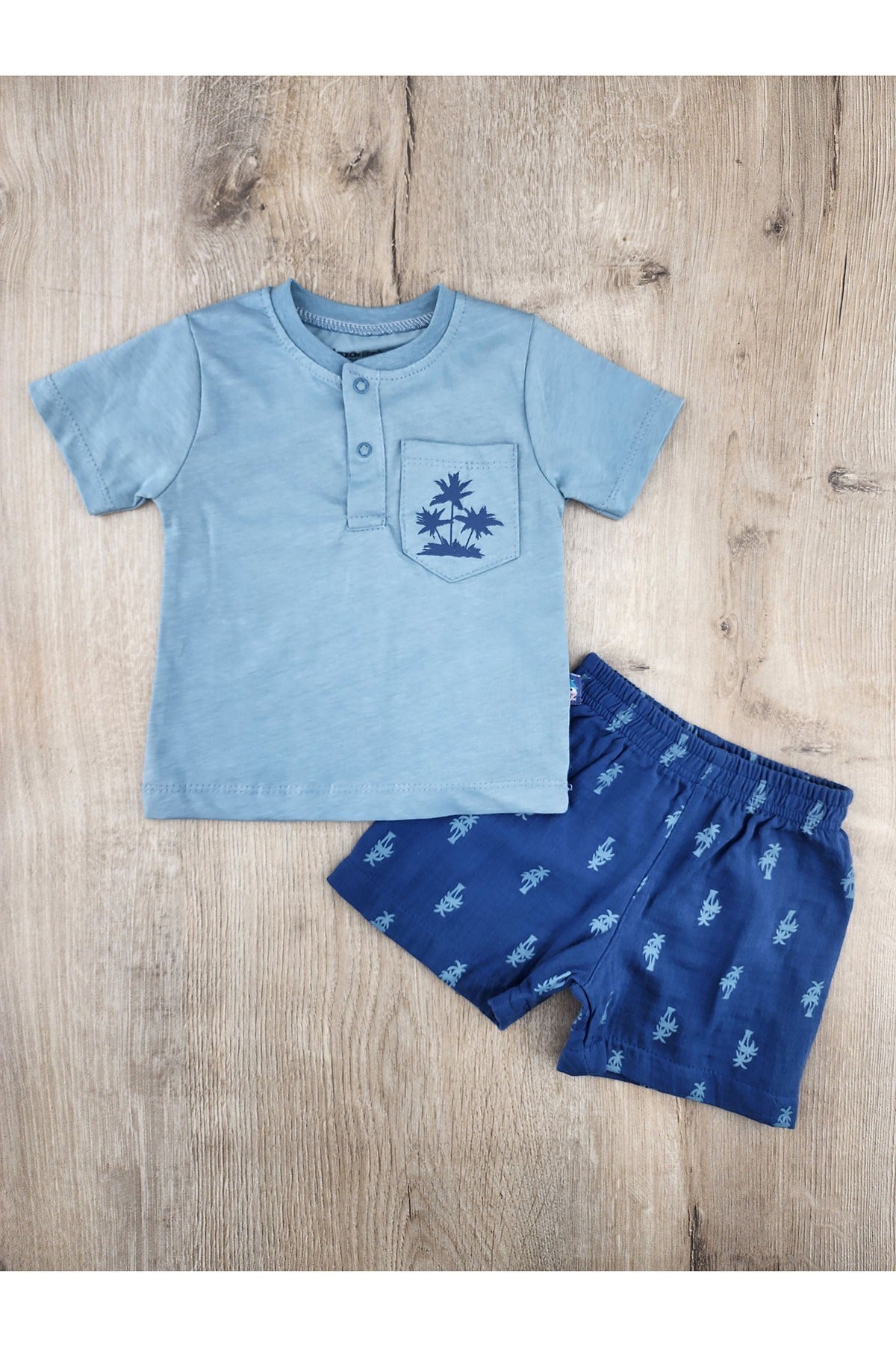 Nazar Bebe (9-24 Ay) 26525  Palmiye Desenli Müslin Şortlu Takım