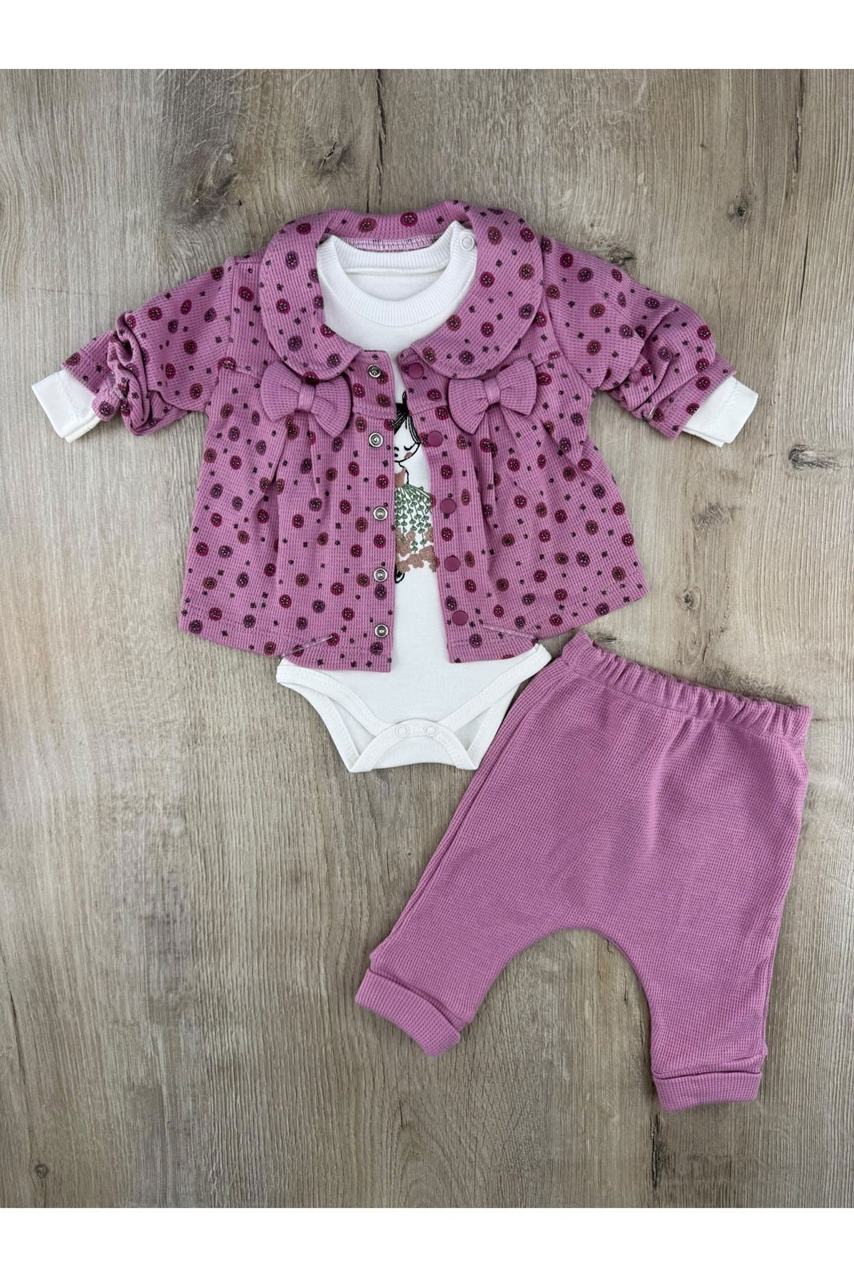 PAkel Baby (0-12 Ay) Çift Fiyonklu Hırkalı 3Lü Mevsimlik Takım