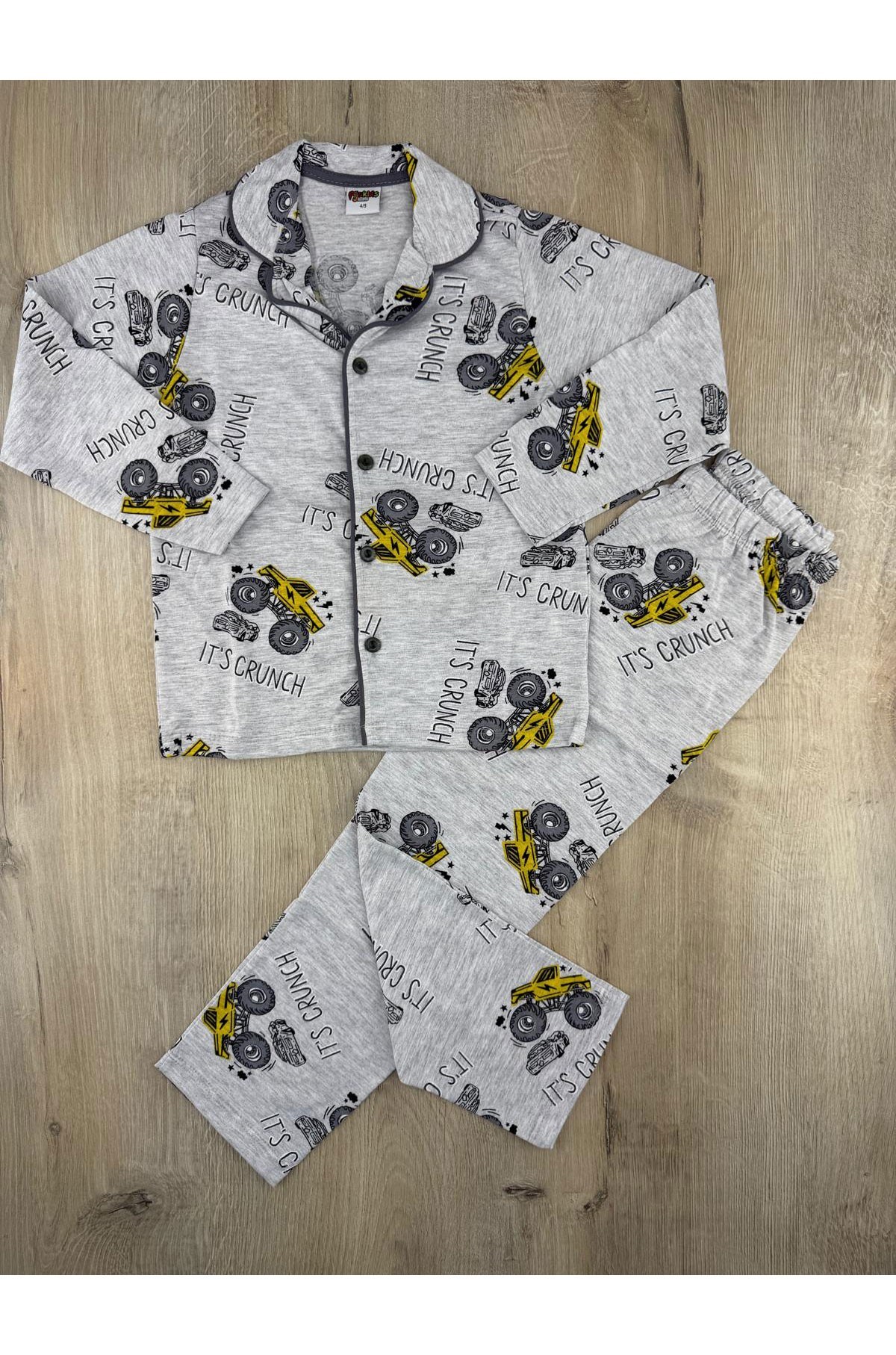 Pijakids (4-12 Yaş) İş Kamyonu Desenli Önden Düğmeli Pijama Takımı