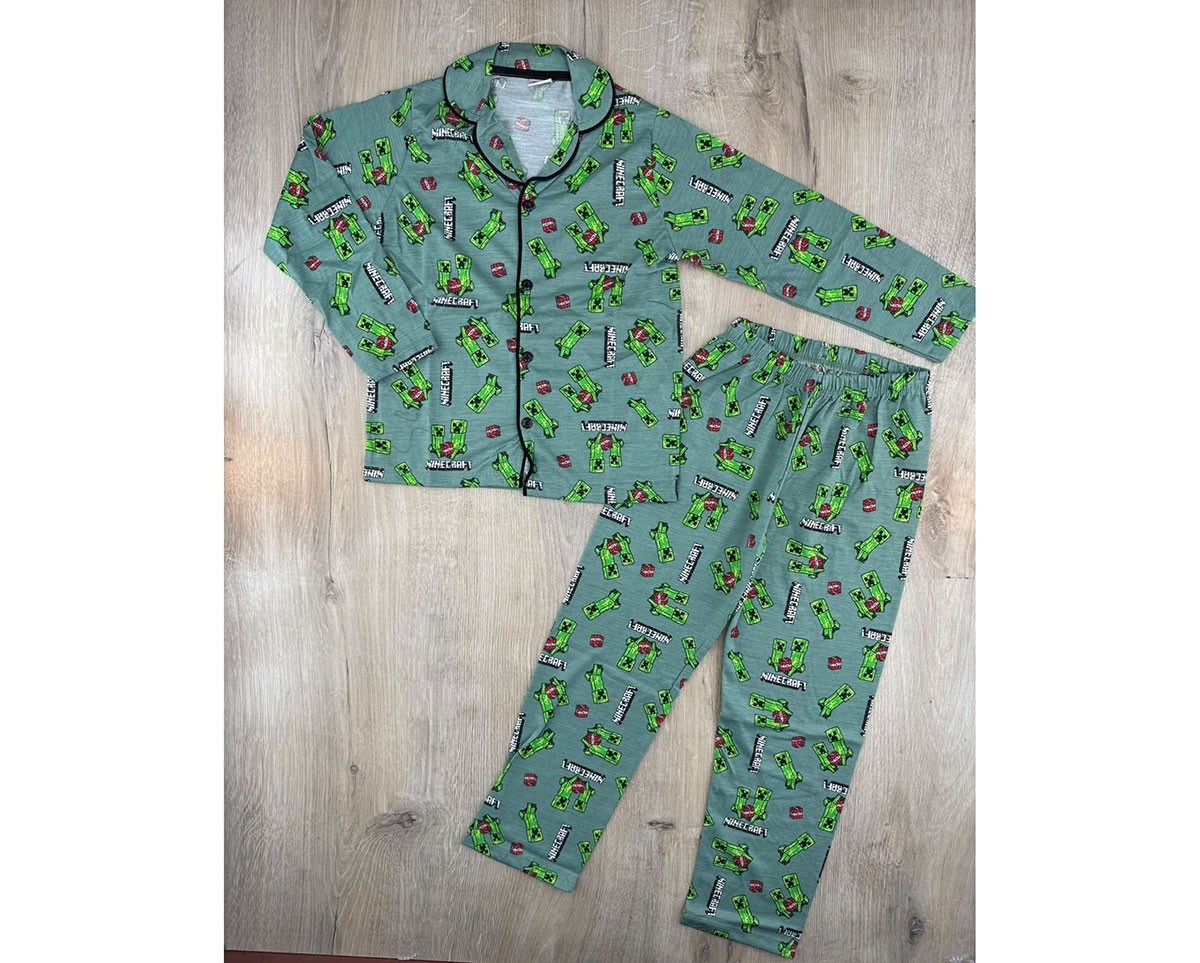 Pijakids (4-12 Yaş) Minecraft Desenli Önden Düğmeli Pijama Takımı