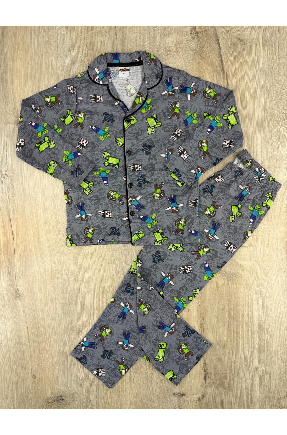 Pijakids (4-12 Yaş) Minik Minecraft Desenli Önden Düğmeli Pijama Takımı