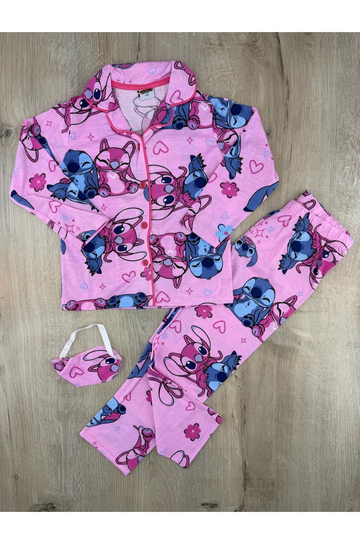 Pijakids (4-12 Yaş) Stich Desenli Önden Düğmeli Pijama Takımı