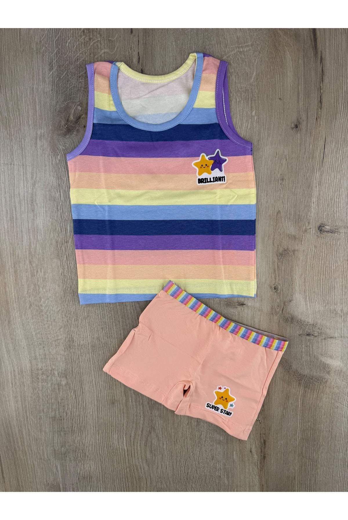 Pink (2-5 Yaş) Çizgili Yıldız Desenli Atlet Boxer Takım