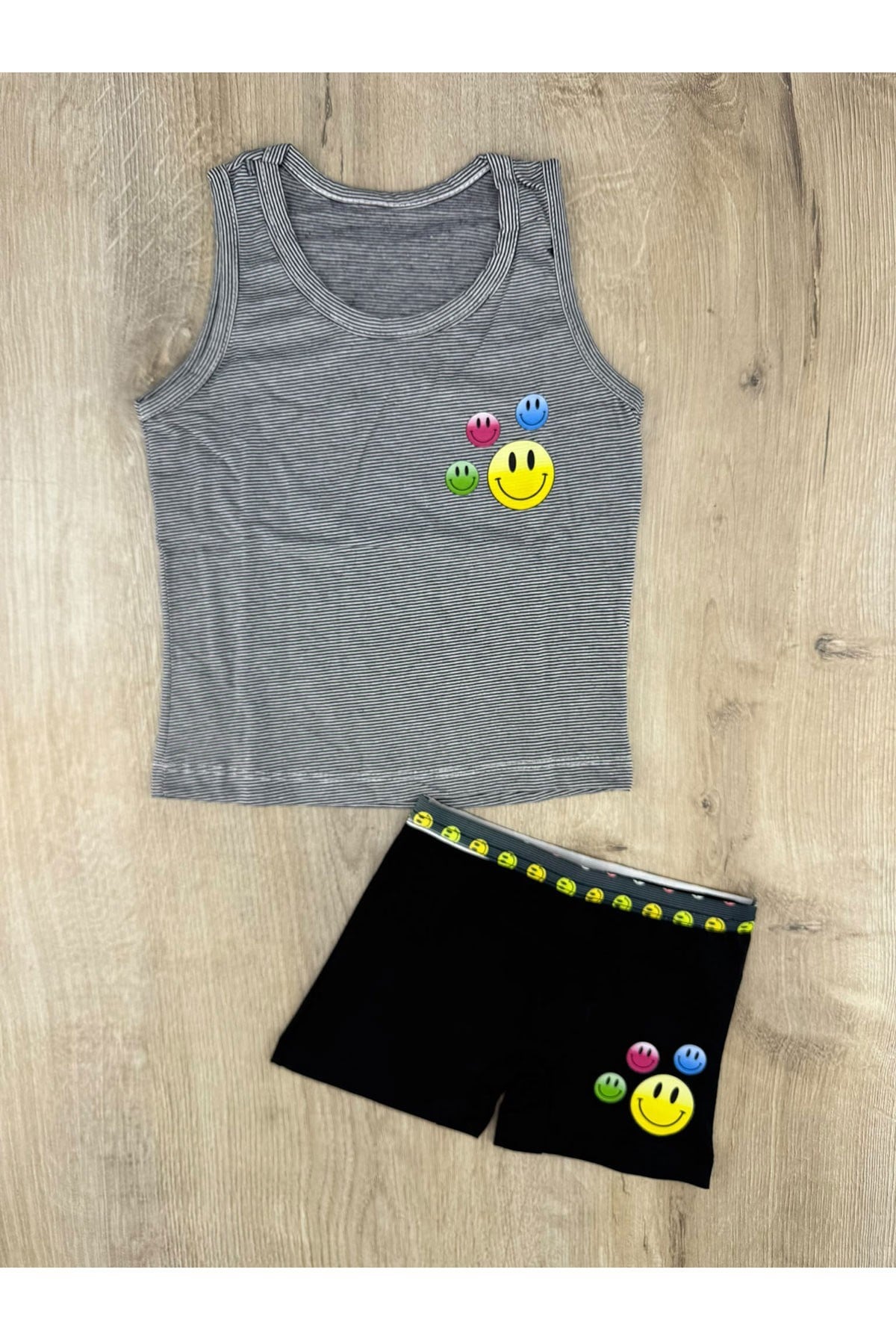 Pink(2-5 Yaş) Çizgili Emoji Desenli Atlet Boxer Takım