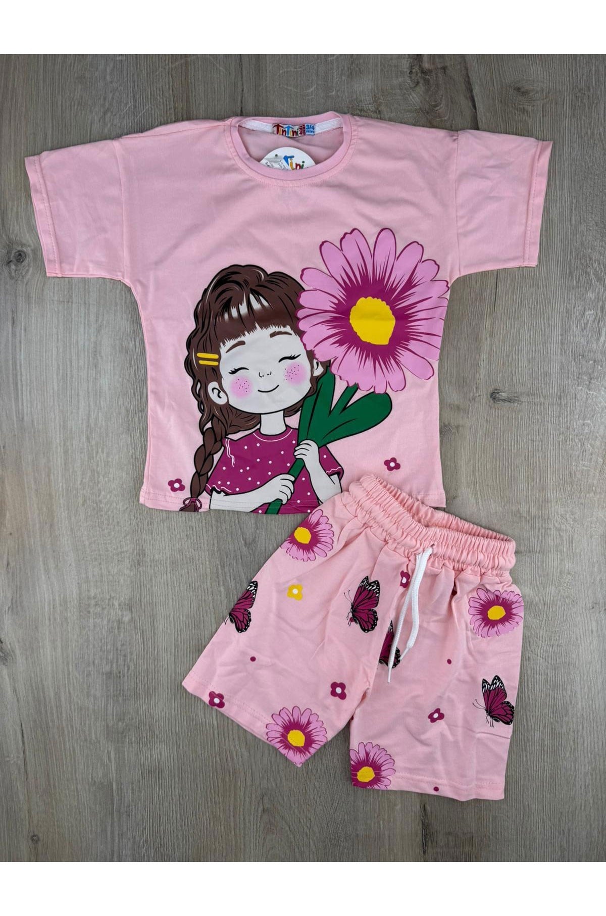 Tintini (3-10 Yaş) Büyük Pembe Papatya Desenli Şortlu Takım
