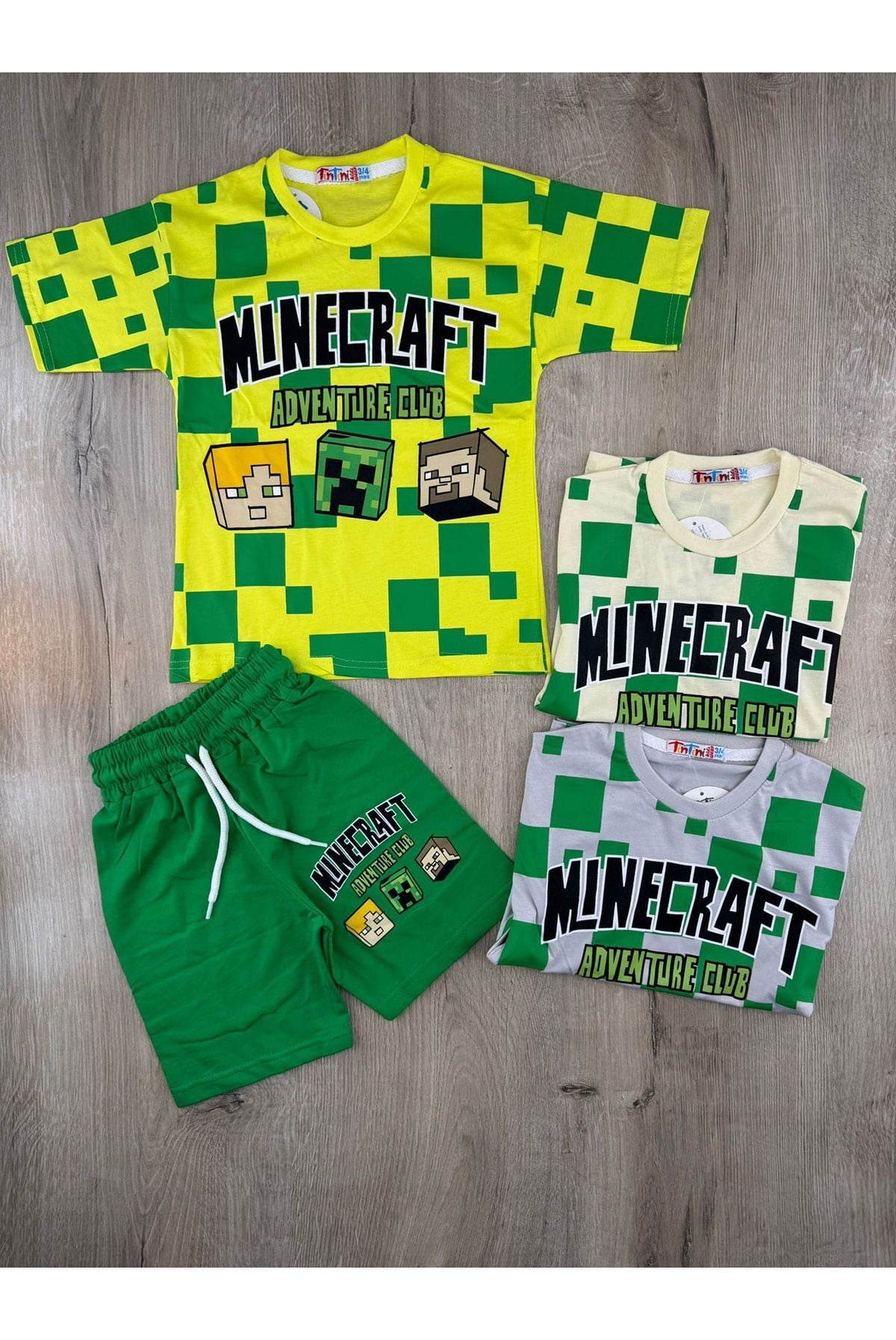Tintini (3-10 Yaş) Parçalı Minecraft Desenli Şortlu Takım