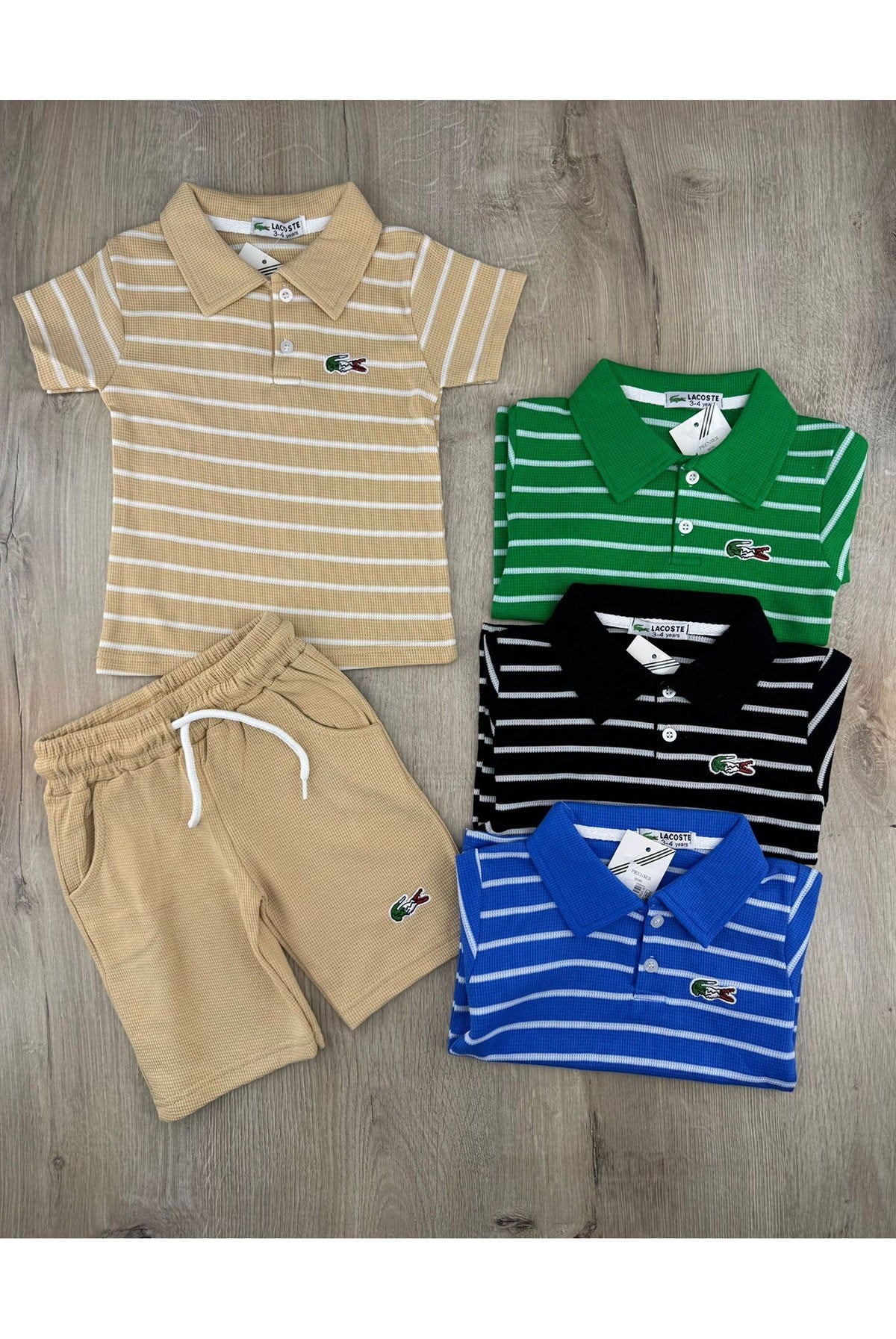 Tintini (3-10 Yaş) Yan Çizgili Lacoste Desenli Waffle Kumaş Takım
