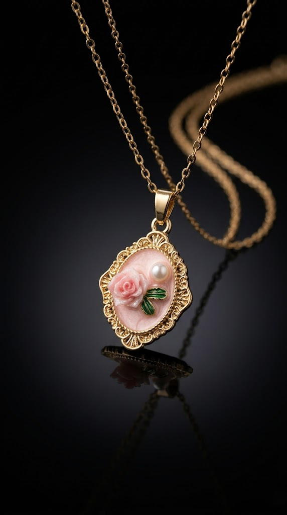 ANTİK PEMBE GÜL DESENLİ BAROK İNCİ DETAYLI GOLD KOLYE