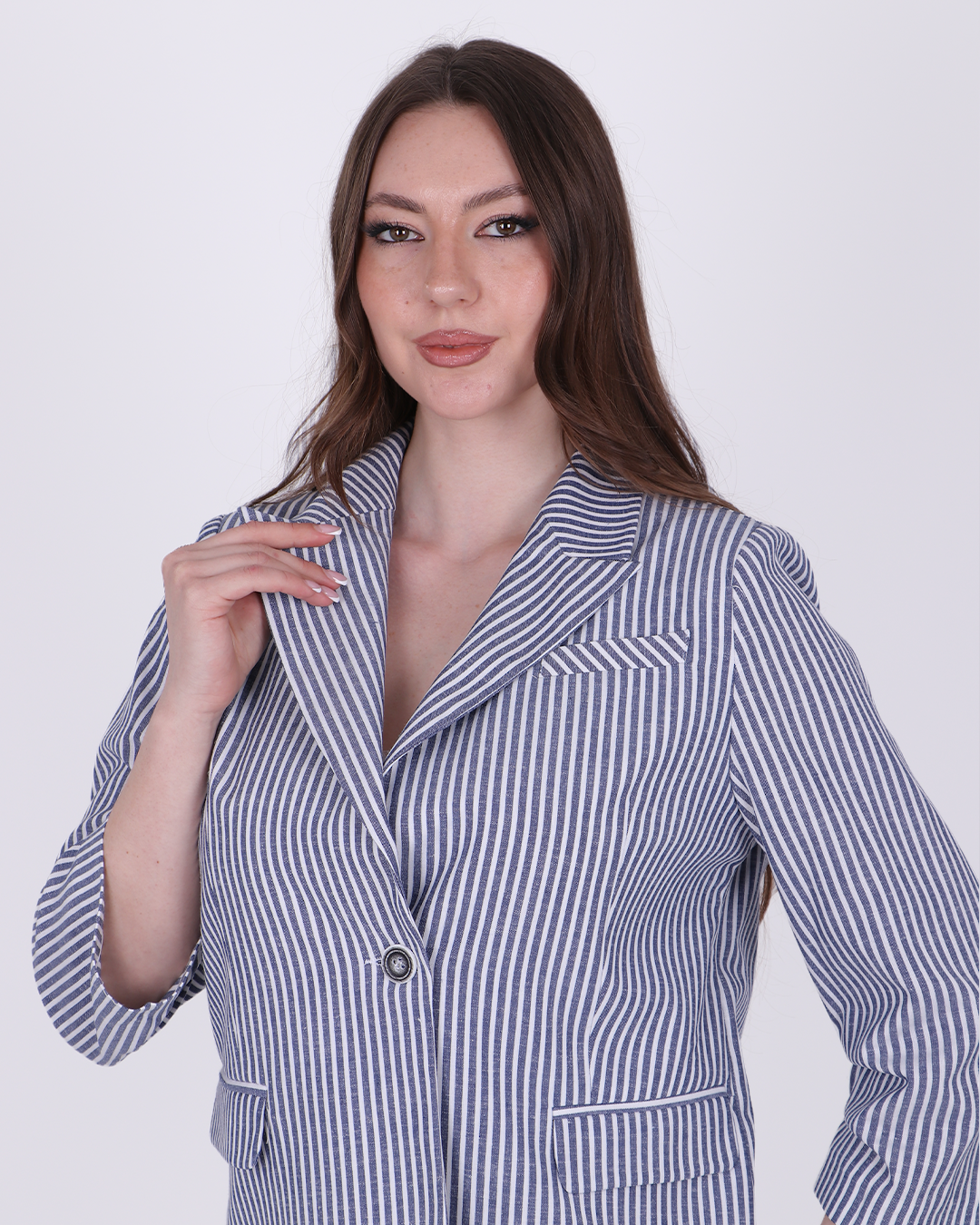 ÇİZGİLİ KETEN 3/4 KOL BLAZER CEKET