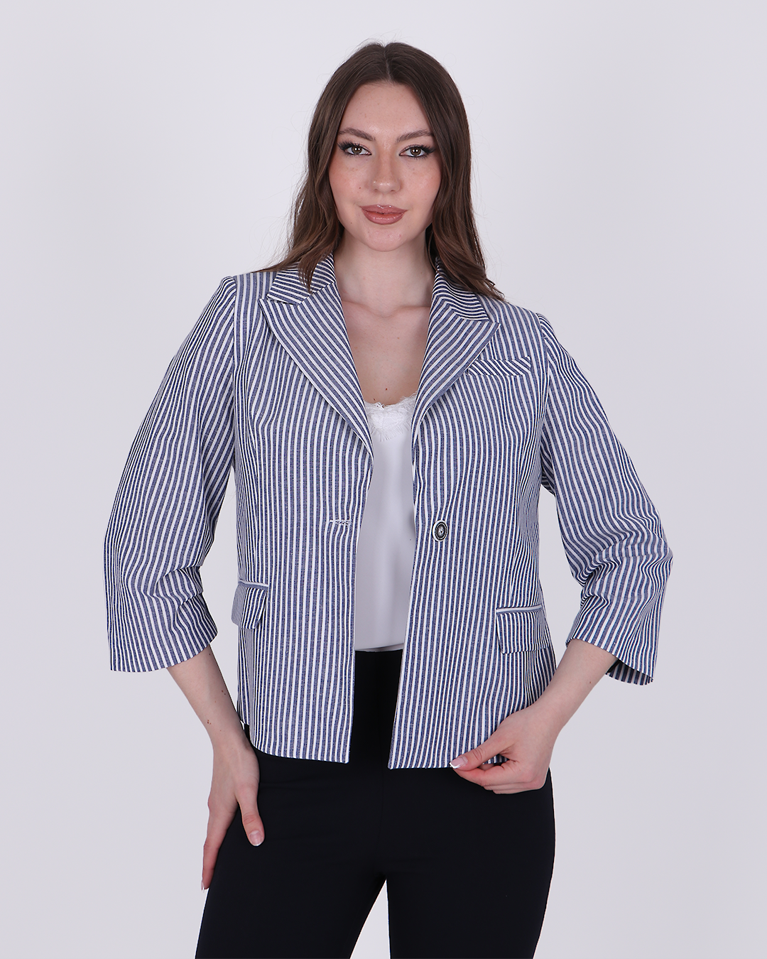 ÇİZGİLİ KETEN 3/4 KOL BLAZER CEKET