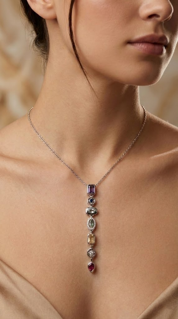 MULTICOLOR SIRALI KRİSTAL KESİM GÜMÜŞ RENK KOLYE