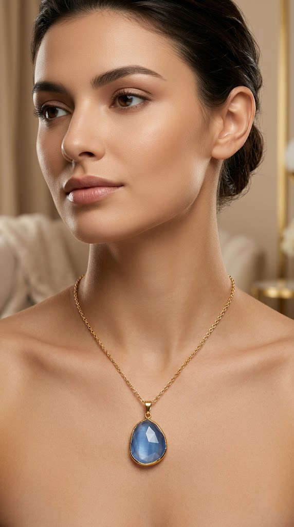 OKYANUS MAVİSİ KRİSTAL DAMLA KESİM GOLD KOLYE