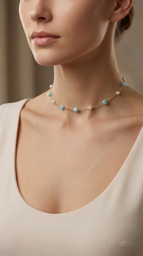 TURKUAZ KÜP TAŞLI VE İNCİ DETAYLI GOLD CHOKER KOLYEPerzoni
