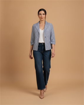 ÇİZGİLİ KETEN 3/4 KOL BLAZER CEKET