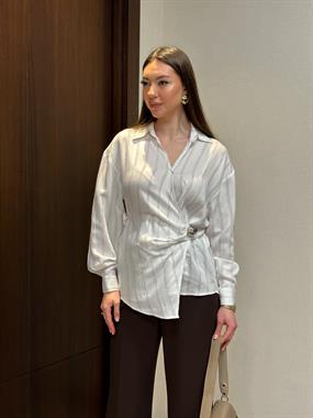 GÜMÜŞ TOKALI ÇİZGİLİ KADIN GÖMLEK