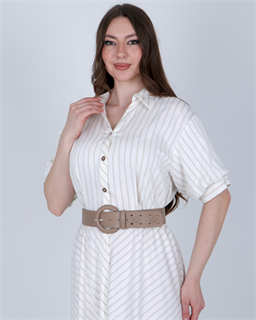 ÇİZGİLİ DÜĞMELİ BELİ KEMERLİ YAZLIK ELBİSE