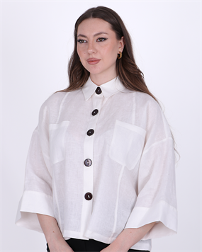 KETEN OVERSIZE DÜĞME DETAYLI BEYAZ GÖMLEK