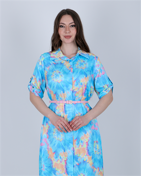 SOYUT DESENLİ KEMERLİ GÖMLEK ELBİSE