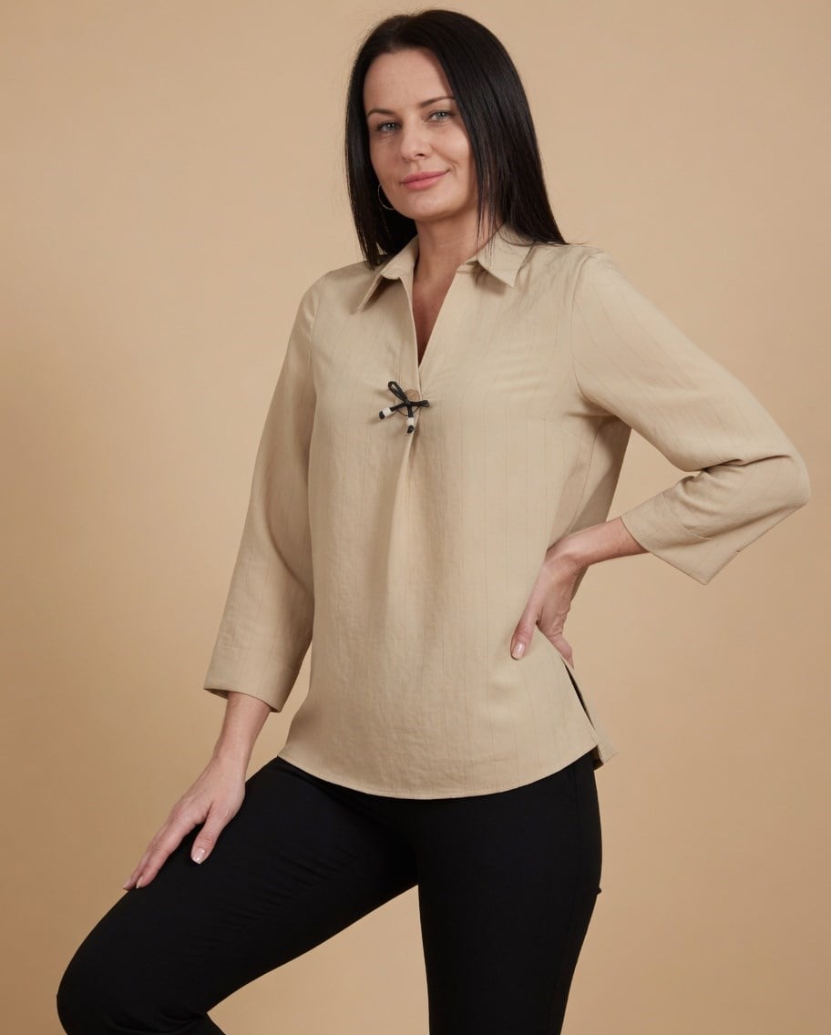 ELEGANT BEJ ÇİZGİLİ OFİS ŞIKLIĞI BLUZPerzoni
