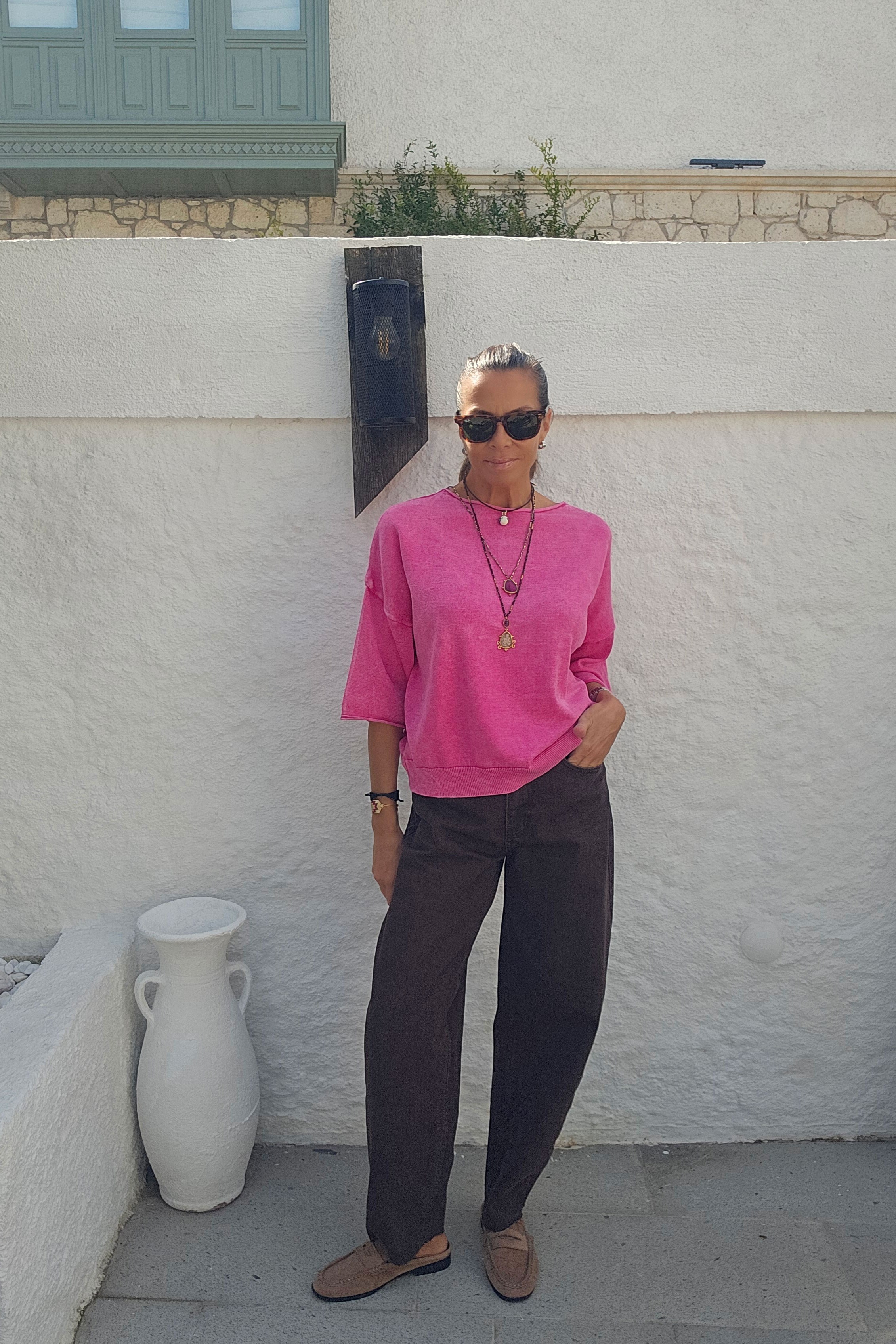 Taşlanmış Triko Bluz Pembe Ve Antrasit Renk