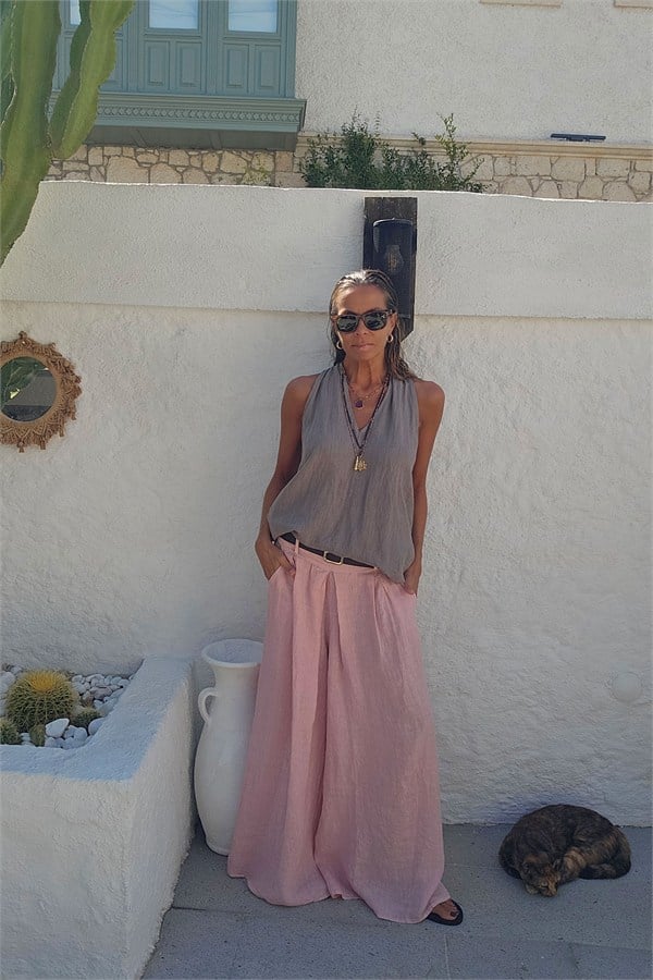 İtalyan Keten Halter Yaka Cepli Bluz