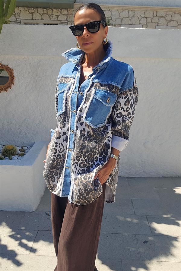 İtalyan Leopar Desenli Jean Ceket