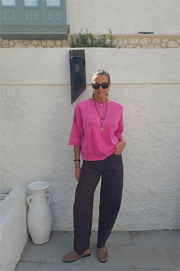 Taşlanmış Triko Bluz Pembe Ve Antrasit Renk