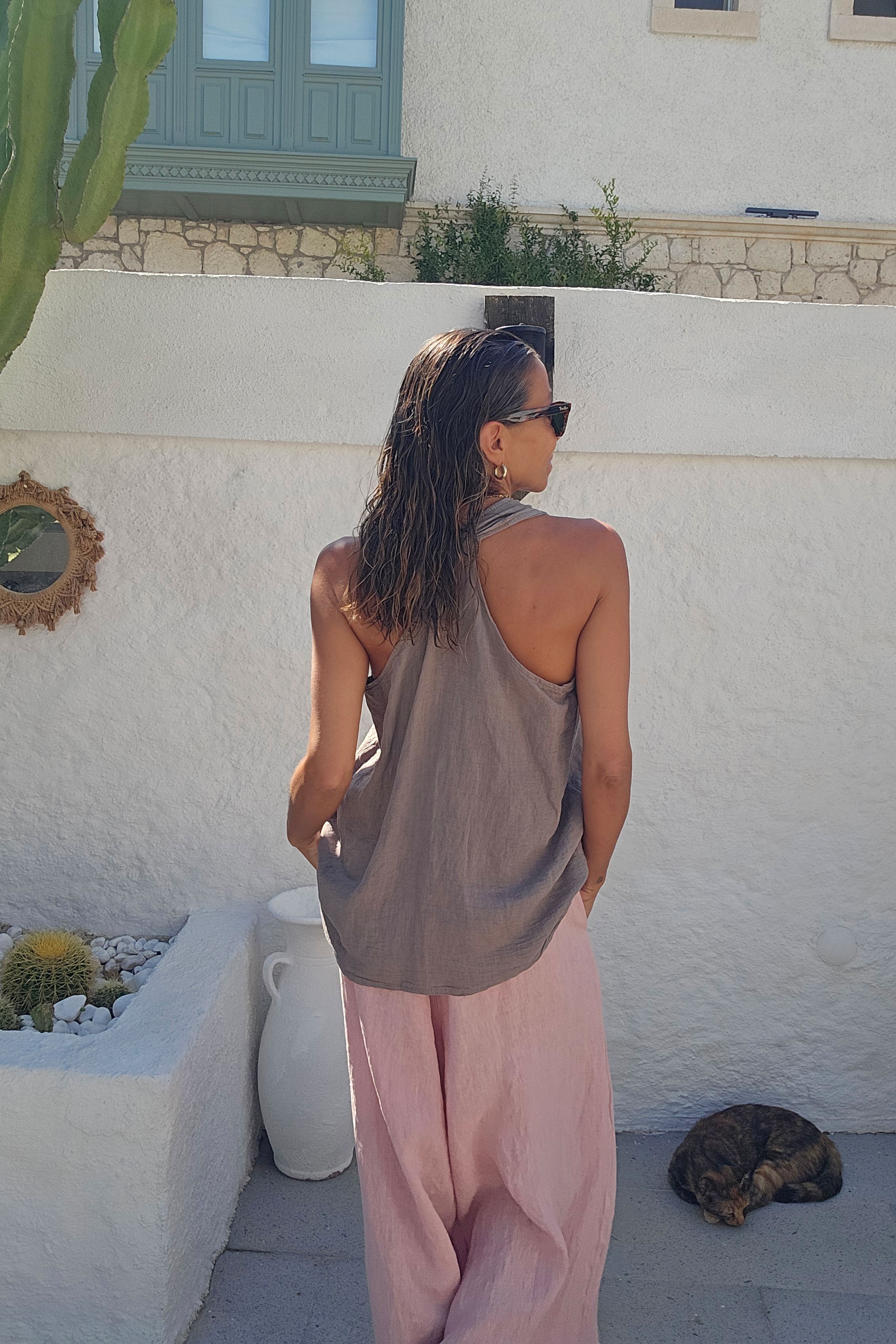 İtalyan Keten Halter Yaka Cepli Bluz · 2