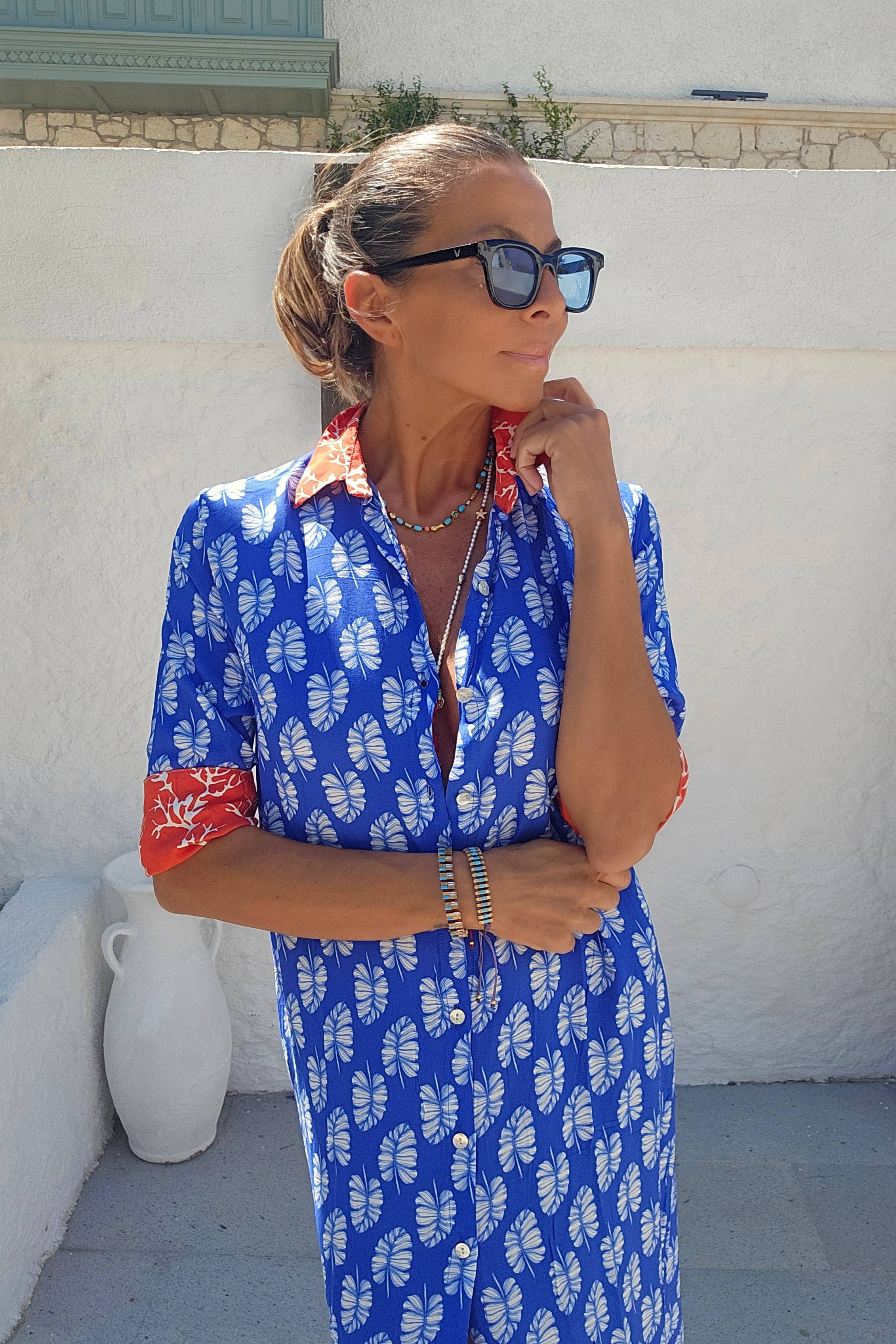 Positano Yaprak ve Mercan Desenli Gömlek Elbise · 2