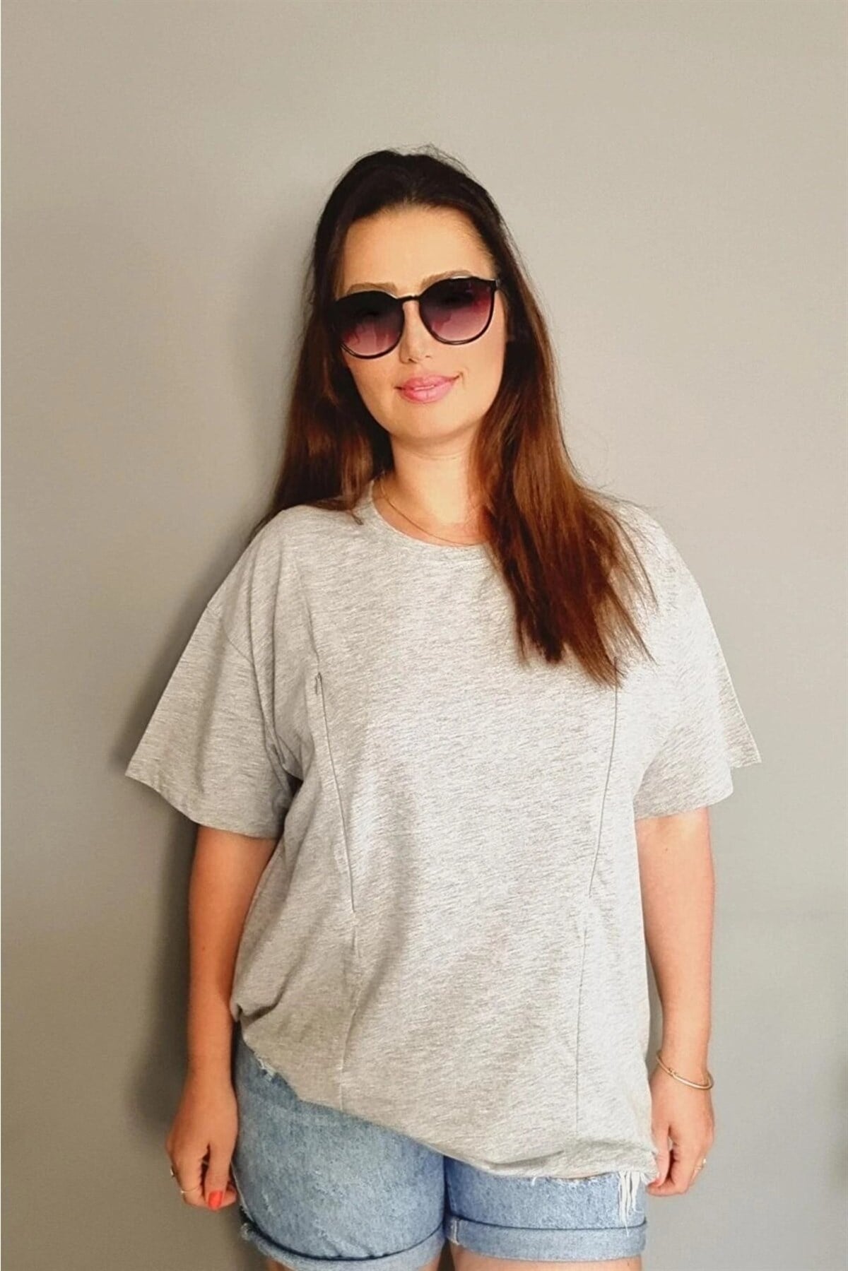 Gri Kısa Kollu Emzirme Tişörtü/Oversize Kalıp