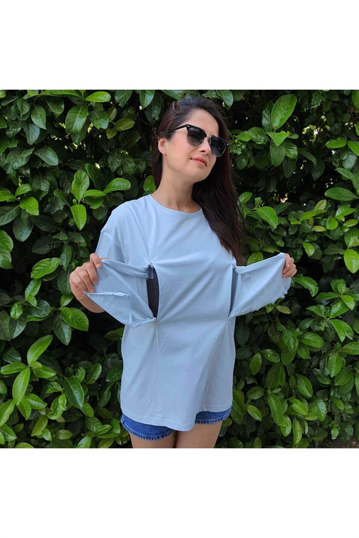 Baby Blue Kısa Kollu Emzirme Tişörtü/Oversize Kalıp