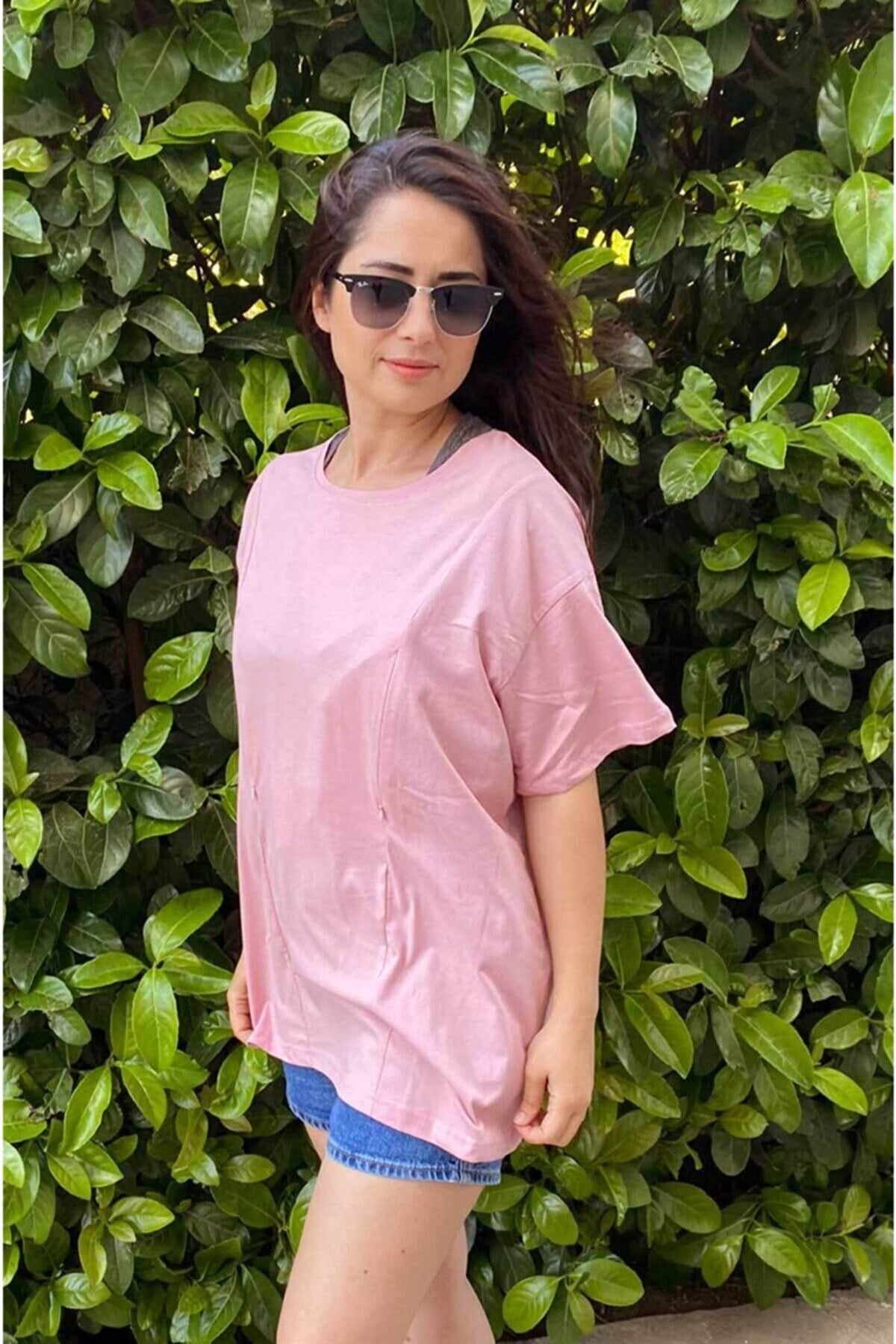 Pembe Kısa Kollu Emzirme Tişörtü/Oversize Kalıp