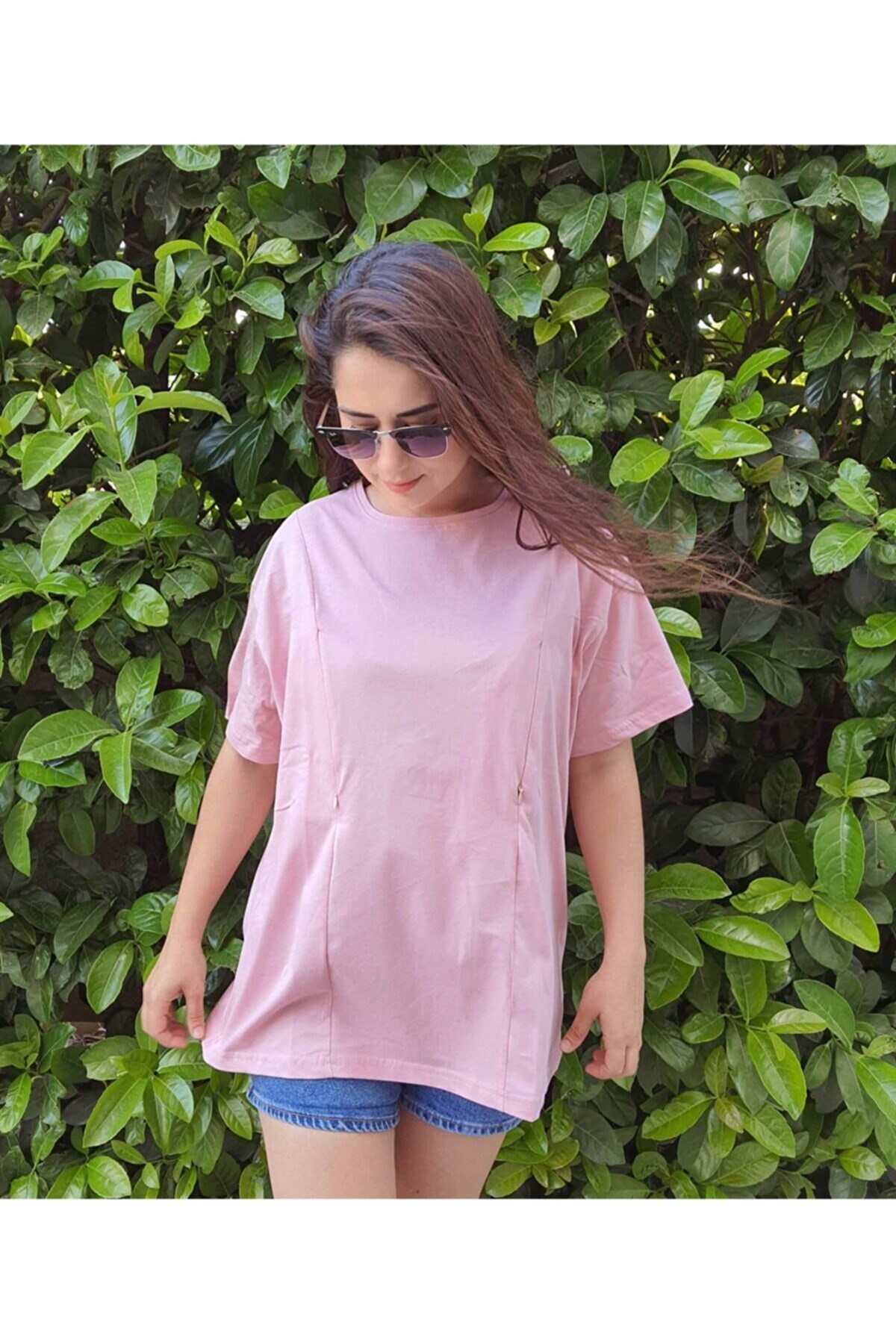 Pembe Kısa Kollu Emzirme Tişörtü/Oversize Kalıp