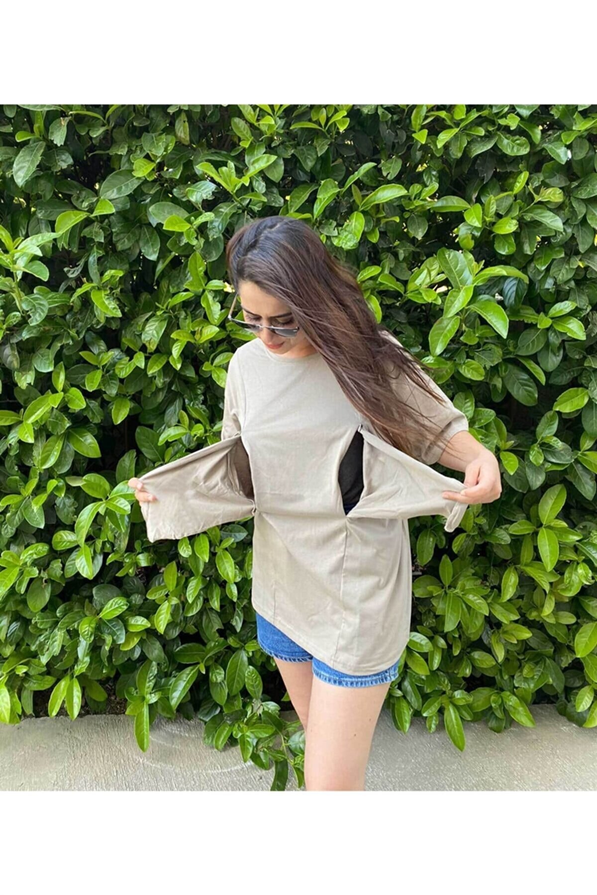 Taş Kısa Kollu Emzirme Tişörtü/Oversize Kalıp