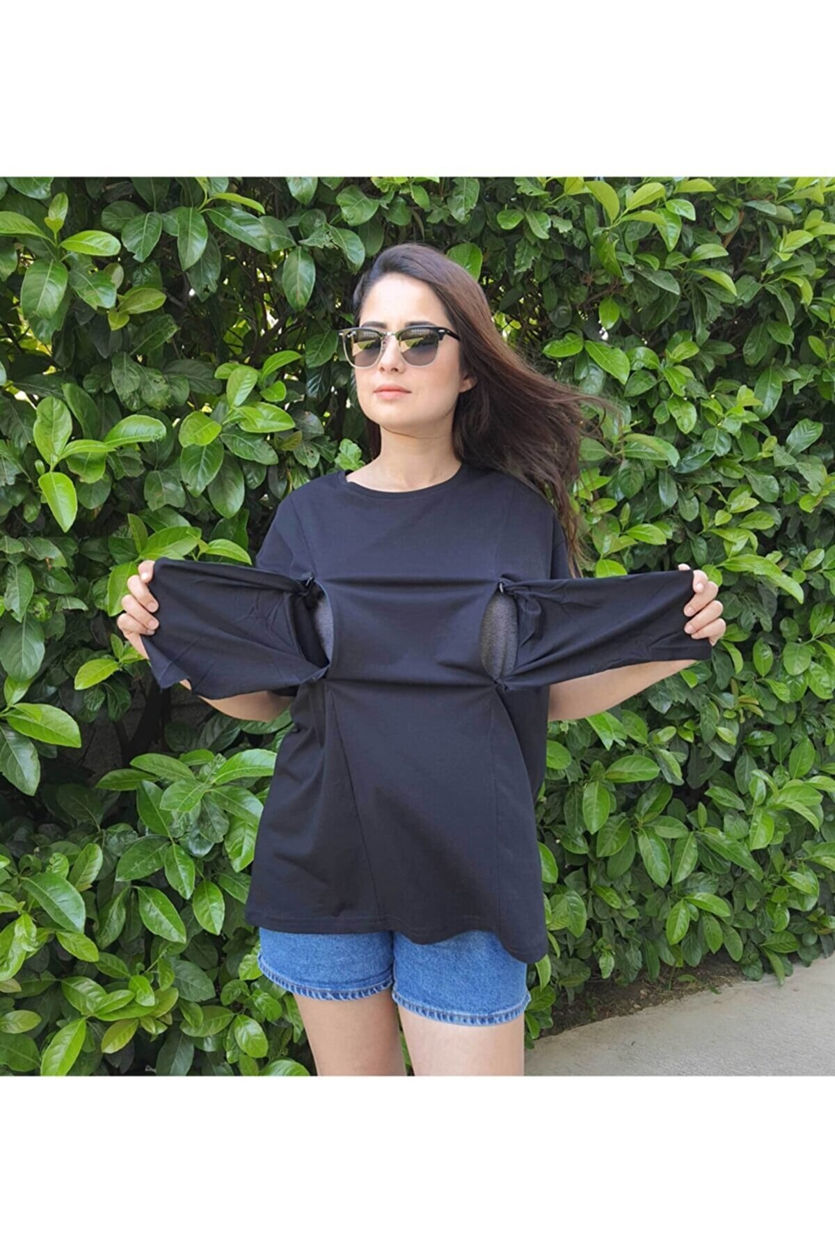Siyah Kısa Kollu Emzirme Tişörtü/Oversize Kalıp