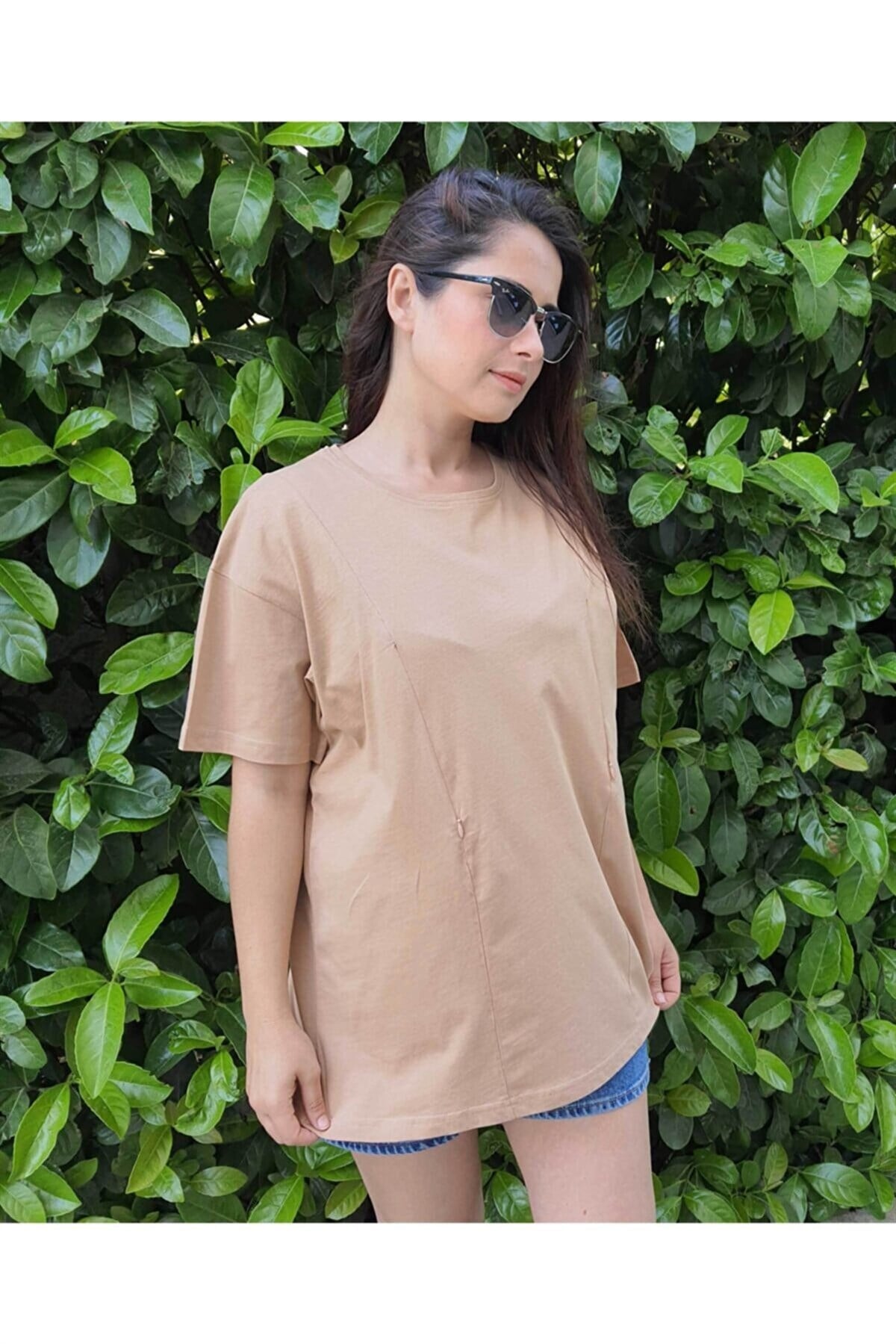 Camel Kısa Kollu Emzirme Tişörtü/Oversize Kalıp