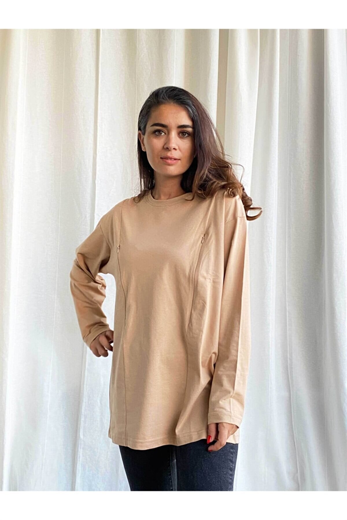 Camel Uzun Kollu Emzirme Tişörtü/Oversize Kalıp