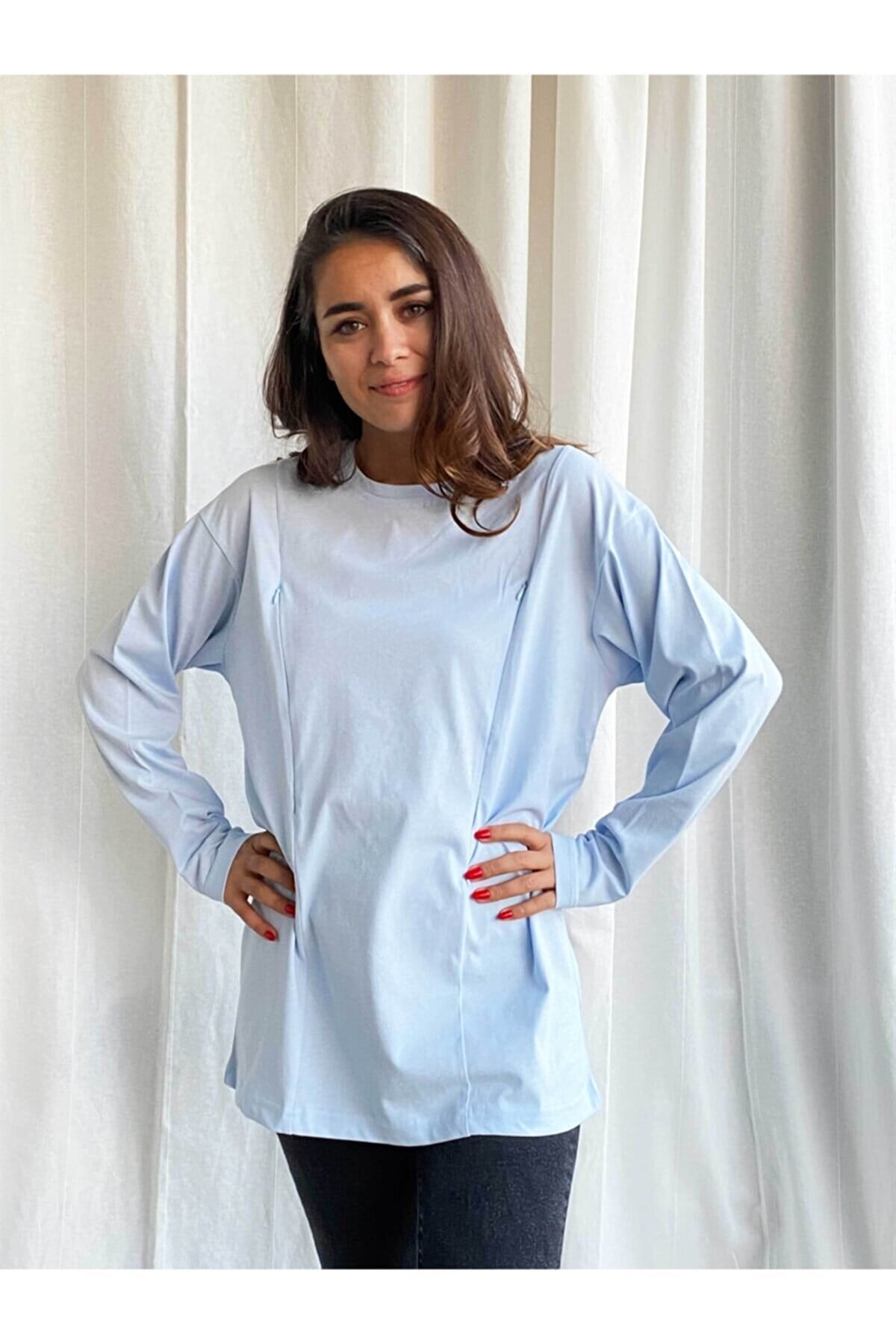Mavi Uzun Kollu Emzirme Tişörtü/Oversize Kalıp
