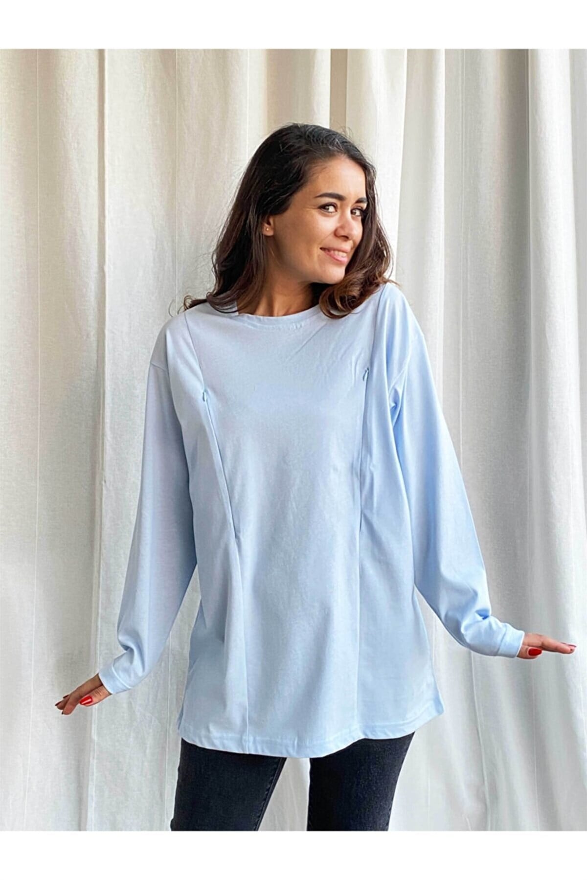Mavi Uzun Kollu Emzirme Tişörtü/Oversize Kalıp