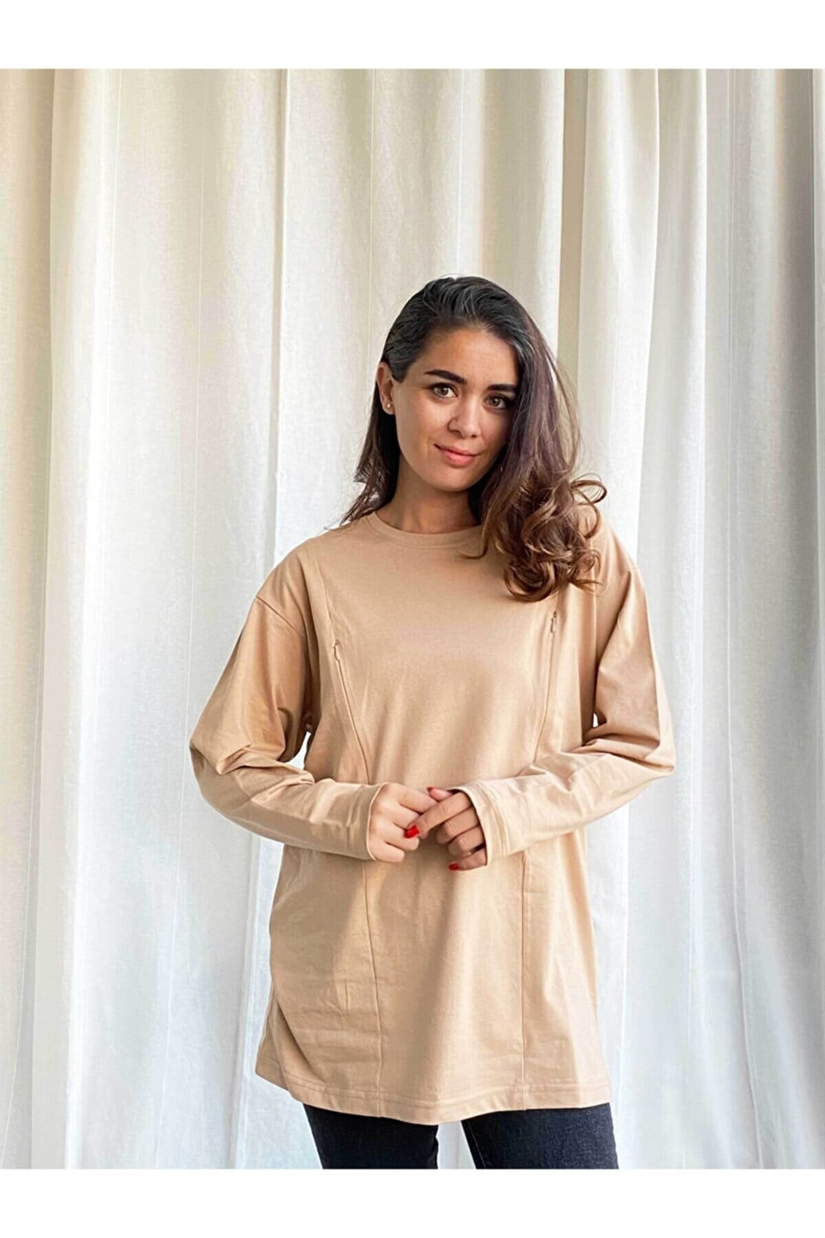 Camel Uzun Kollu Emzirme Tişörtü/Oversize Kalıp
