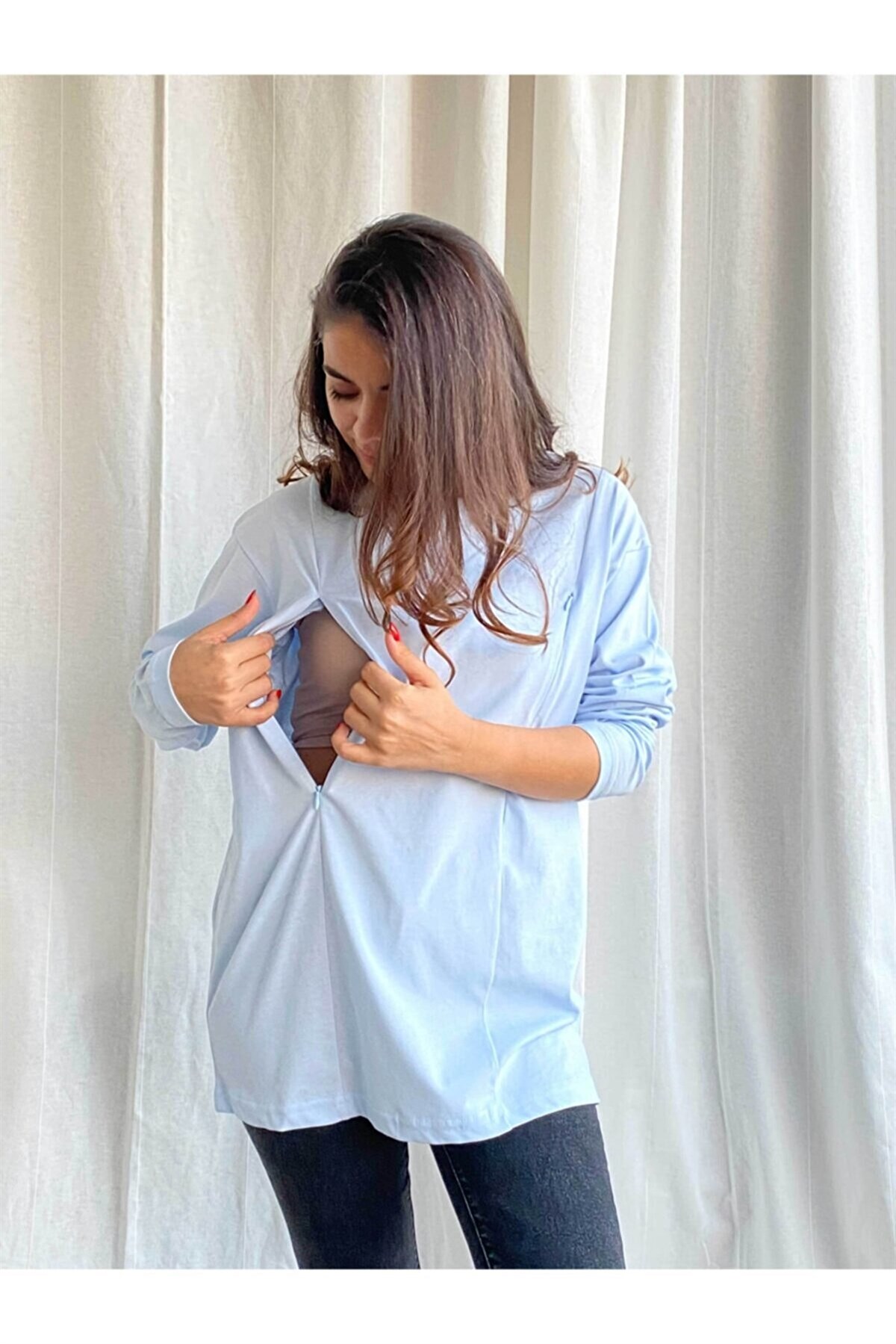 Mavi Uzun Kollu Emzirme Tişörtü/Oversize Kalıp