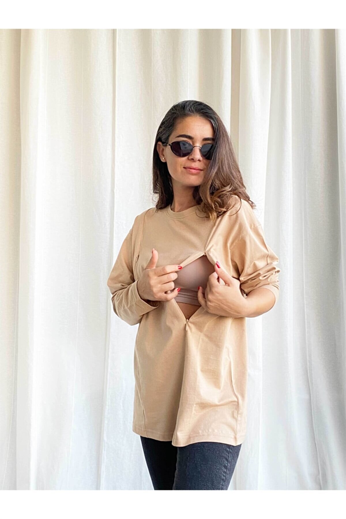 Camel Uzun Kollu Emzirme Tişörtü/Oversize Kalıp