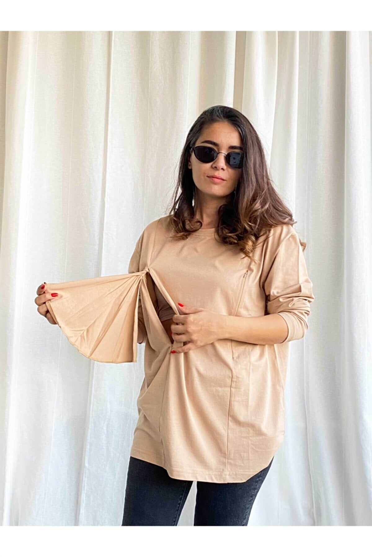 Camel Uzun Kollu Emzirme Tişörtü/Oversize Kalıp