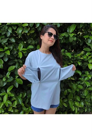 Baby Blue Kısa Kollu Emzirme Tişörtü/Oversize Kalıp