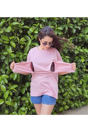 Pembe Kısa Kollu Emzirme Tişörtü/Oversize Kalıp