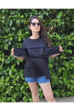Siyah Kısa Kollu Emzirme Tişörtü/Oversize Kalıp