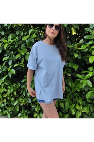 Baby Blue Kısa Kollu Emzirme Tişörtü/Oversize Kalıp