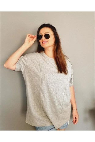 Gri Kısa Kollu Emzirme Tişörtü/Oversize Kalıp